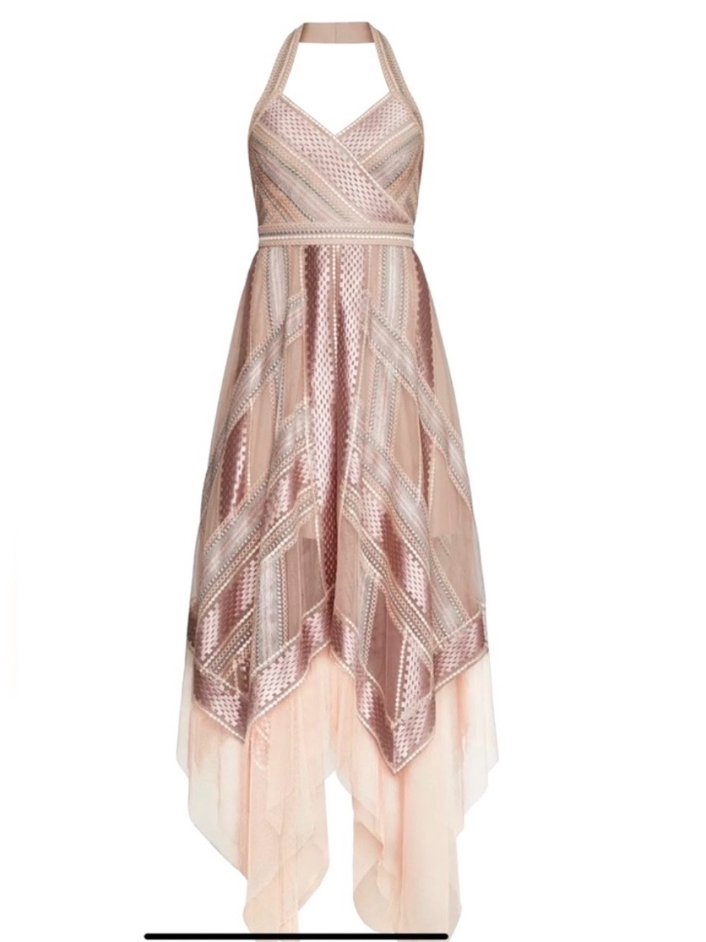 BCBGMAXAZARIA PINK/NUDE/METALLIC TULLE ETHEREAL GODDESS HANDKERCHIEF DRESS Sz2 - Picture 9 of 16